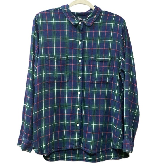 Gap Factory Blue/Green Plaid Boyfriend Fit Drapey Flannel Shirt Size Large - Picture 1 of 15